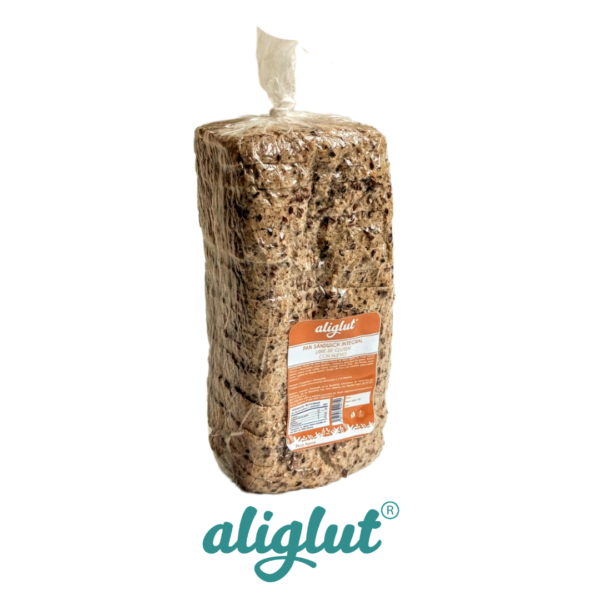 Pan Sándwich Integral Sin Gluten con Huevos, elaborado con harinas de arroz integral, maíz, yuca, linaza, chía, y ajonjolí, en presentación de 840g